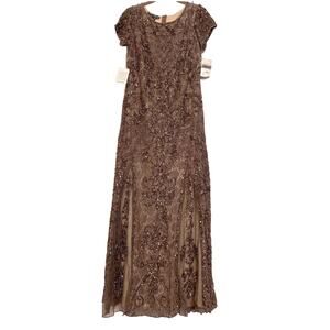 Pisarro Nights Art Deco Beaded Mesh Cocktail Dress Size 8 in Coffee Latte NWT